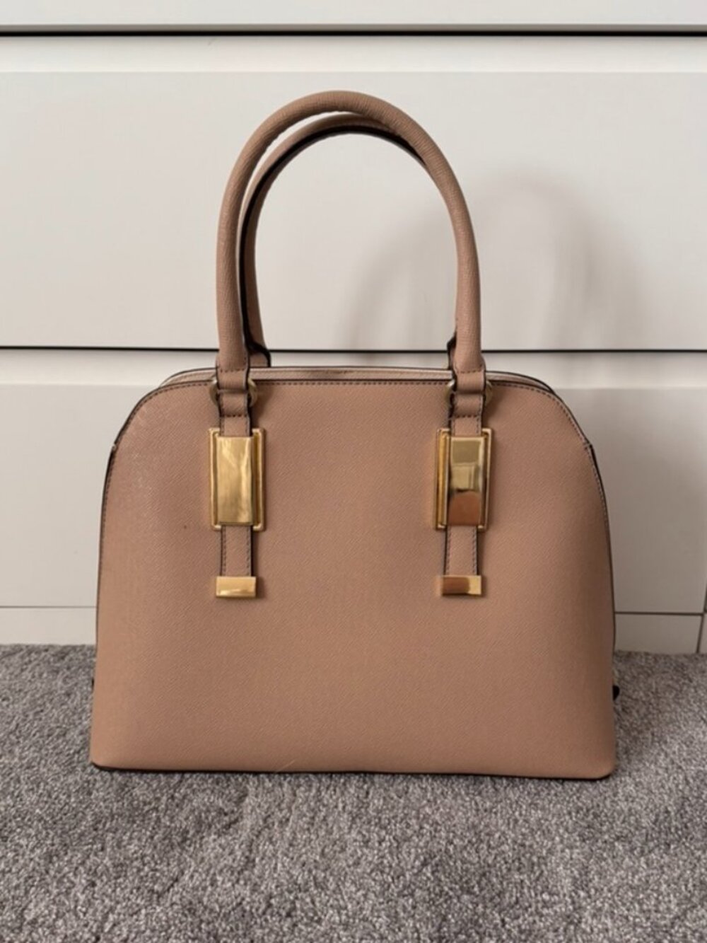 ALDO Sand Tan Structured Satchel Handbag Shoulder Bag Gold Hardware